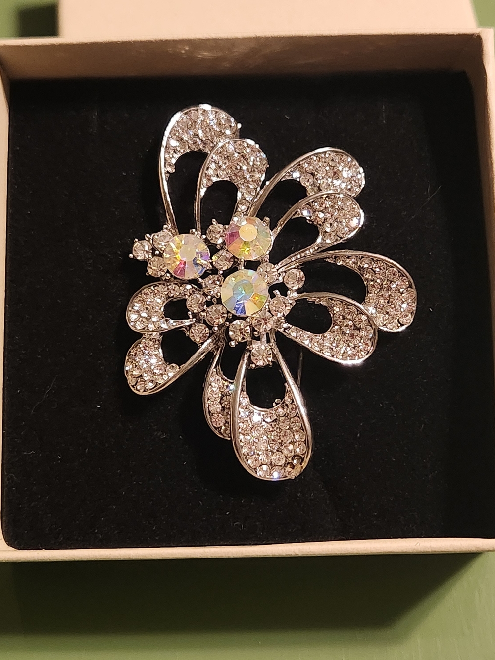 Crystal Floral Brooch Pin - Silver Tone with Aurora Borealis Accents
